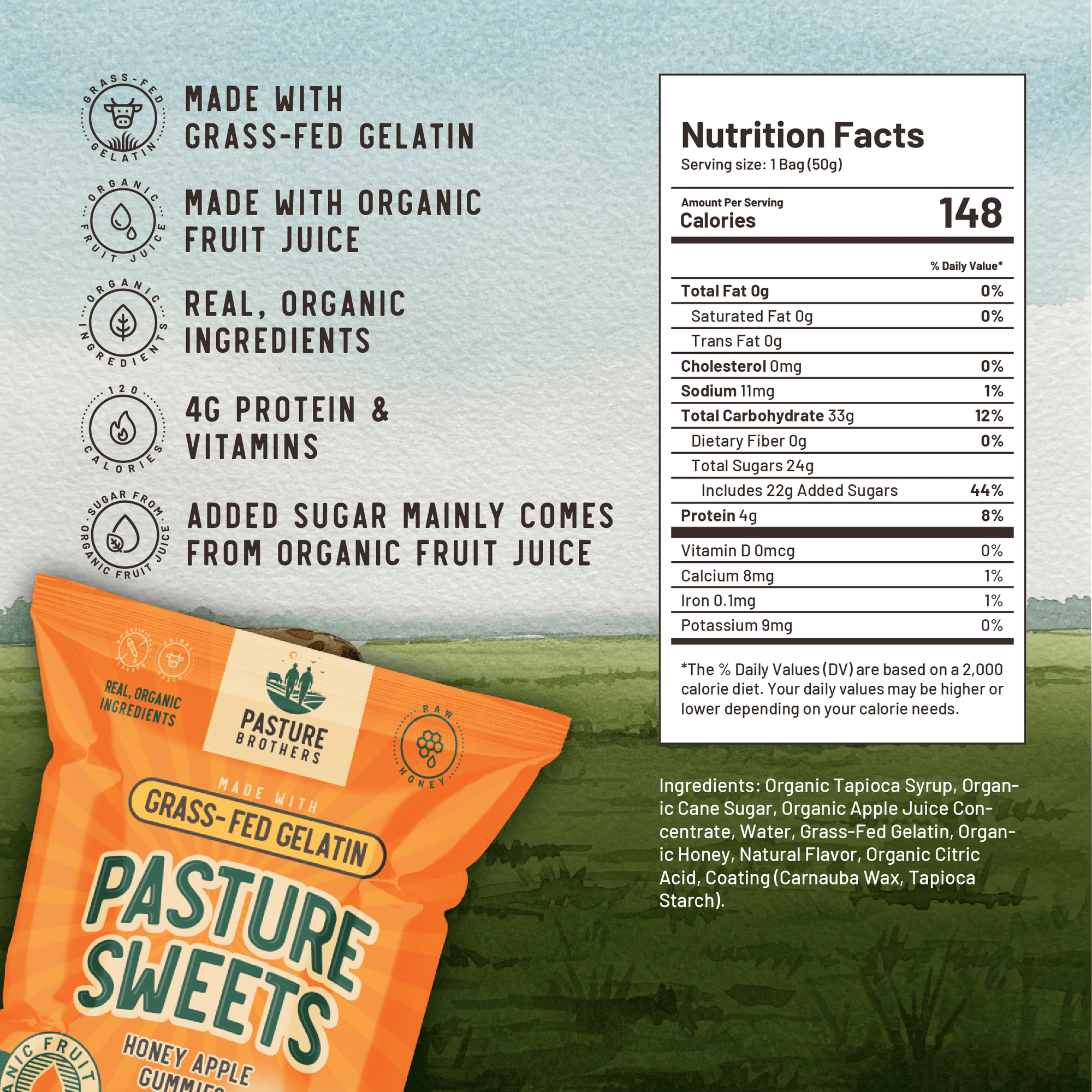 Pasture Sweets, Honey Apple, Grass-Fed Gelatin Gummies | A Box Of 5 Bags | Grass-Fed Gelatin, Organic Fruit Juice, Organic Honey, No Seed Oils | 4 Grams Of Protein