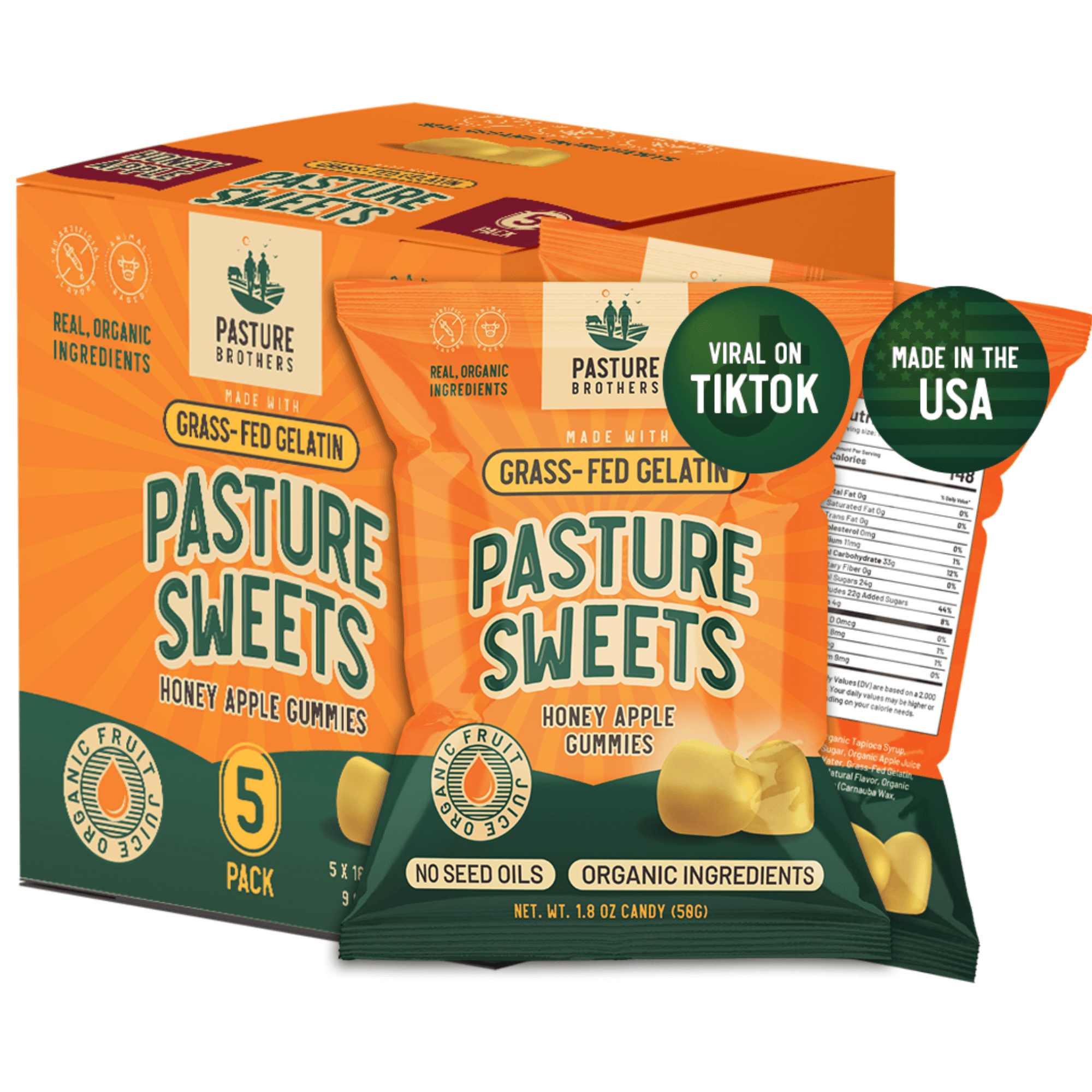 Pasture Sweets, Honey Apple, Grass-Fed Gelatin Gummies | A Box Of 5 Bags | Grass-Fed Gelatin, Organic Fruit Juice, Organic Honey, No Seed Oils | 4 Grams Of Protein